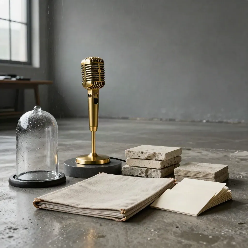 Loft brand vignette with microphone, portfolio, cards, stone blocks and glass cloche in dawn haze.