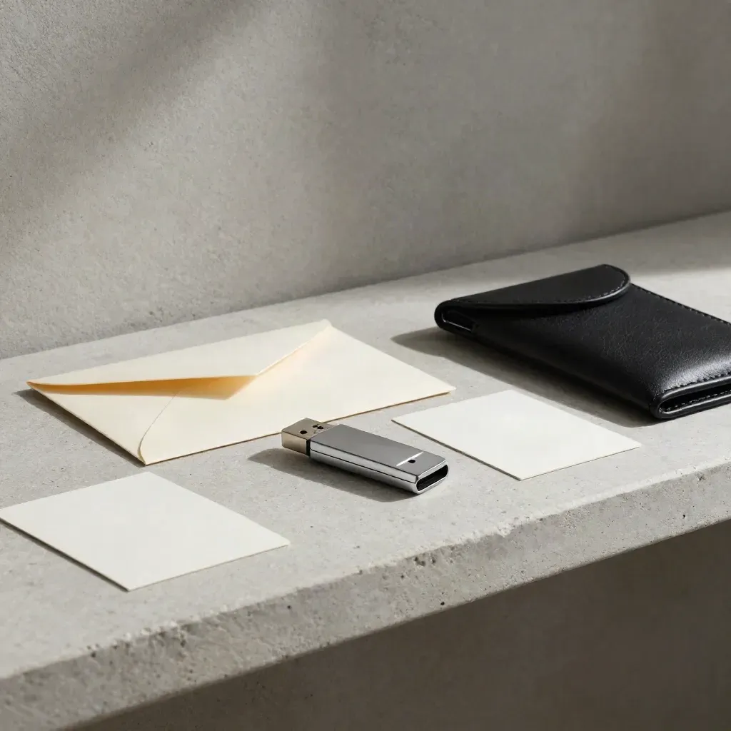 USB drive with sealed envelope, sample cards, and leather sleeve on a stone shelf