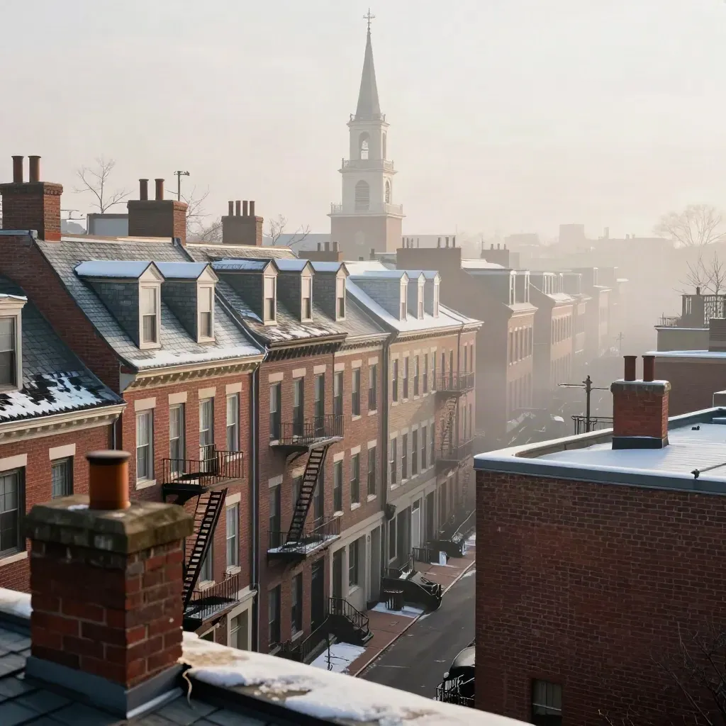 Fog-softened Northeast rowhouses and a church steeple above calm winter streets.