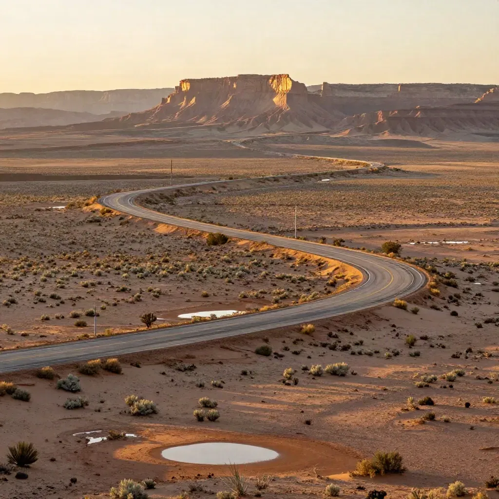 Sunrise desert vista with interstate, mesas, and an open ochre plain.